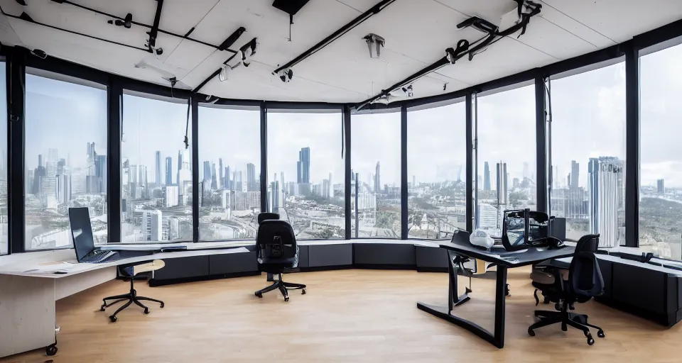 Prompt: interior of a bright streamer studio with the latest equipment and tech with big windows overlooking the megapolis, trendy aesthetic interior decoration, modern designer, high detail, 8 k, photography focal length 2 0 mm f 3. 5
