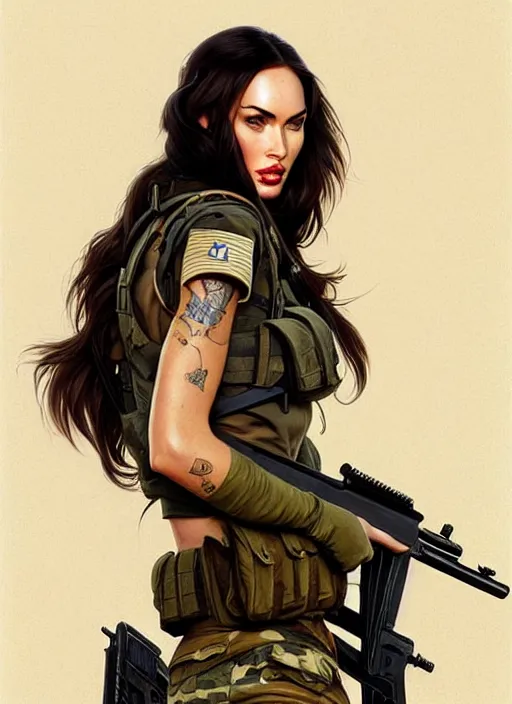 Image similar to portrait of megan fox as soldier, uniform, g 3 6, gun, camouflage, intricate, headshot, highly detailed, digital painting, artstation, concept art, sharp focus, cinematic lighting, illustration, art by artgerm and greg rutkowski, alphonse mucha, cgsociety