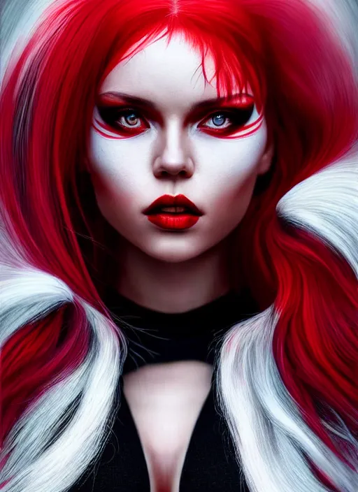 Image similar to photo of kerli koiv with red and white half dye in the style of stefan kostic, realistic, half body shot, sharp focus, 8 k high definition, insanely detailed, intricate, elegant, art by stanley lau and artgerm, foggy backgeound