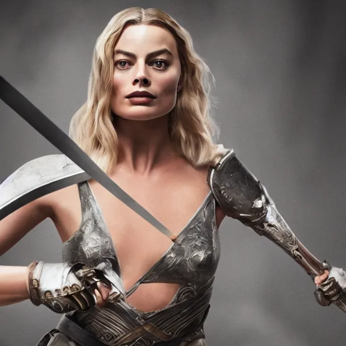 Prompt: margot robbie, broadsword in her hands, sword. very coherent symmetrical artwork. cinematic, high detail, octane render, 8 k