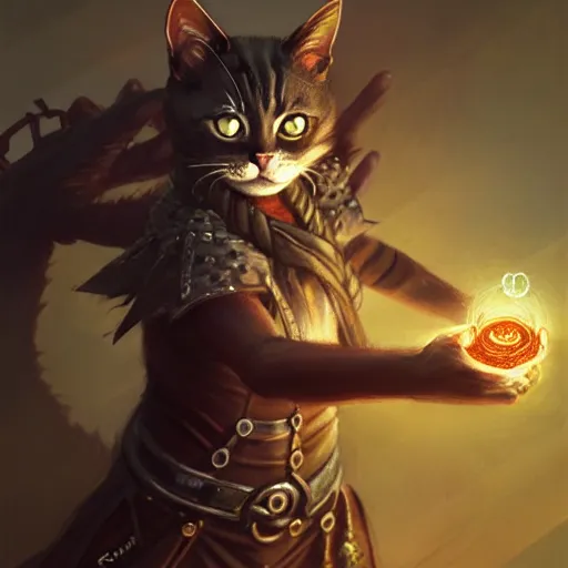 Prompt: Cat, Anthropomorphized, casting evil spell, magic the gathering artwork, D&D, fantasy, centered, symmetrical, highly detailed, artstation, concept art, sharp focus, 8k, art by Akihiko Yoshida and Greg Rutkowski and Craig Mullins, oil painting