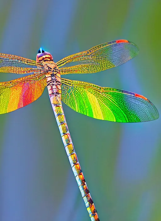 Prompt: close-up dragonfly rainbow wing, natural light, photography, 500 mm,high detail