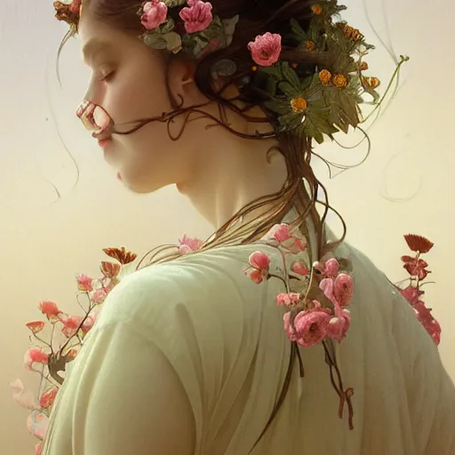 Prompt: portrait of flower goddess, full body, cute detailed face, bay leafes, tendrils, intricate, elegant, highly detailed, digital painting, artstation, concept art, smooth, sharp focus, illustration, art by artgerm and greg rutkowski and alphonse mucha and william - adolphe bouguereau and stephanie law