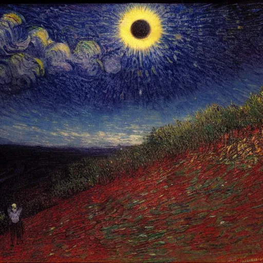 Image similar to stars, solar eclipse, looming over the earth, hdr, hq, painting by gustave dore and vincent van gogh and claude monet