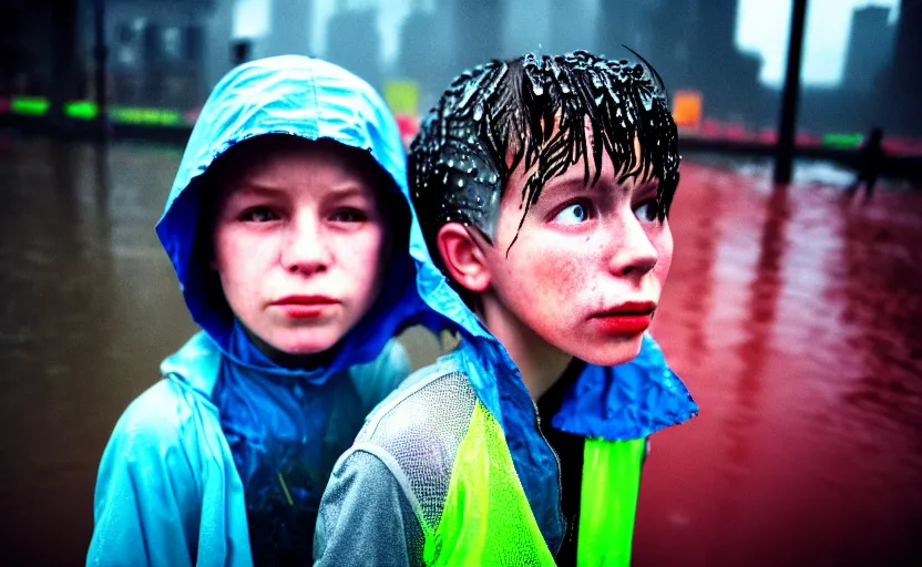 Prompt: cinestill 5 0 d candid photographic portrait by helen levitt of two cyborg kids wearing rugged neon blue mesh techwear in treacherous waters, extreme closeup, modern cyberpunk moody depressing cinematic, pouring rain, dystopian atmosphere, 8 k, hd, high resolution, 3 5 mm, f / 3 2, ultra realistic faces, ex machina