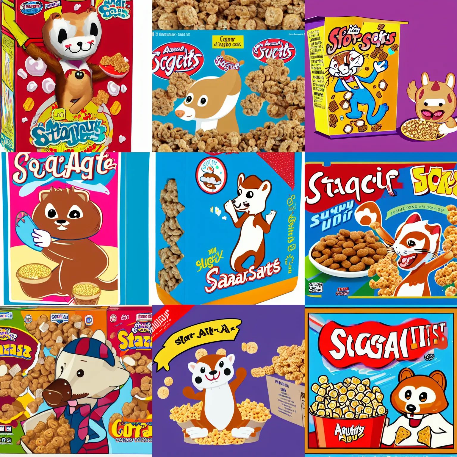 Prompt: a box of sugar stoats cereal, featuring the mascot sammy the stoat, cereal box illustration, cereal mascot, cartoon stoat, furry weasel, furry art