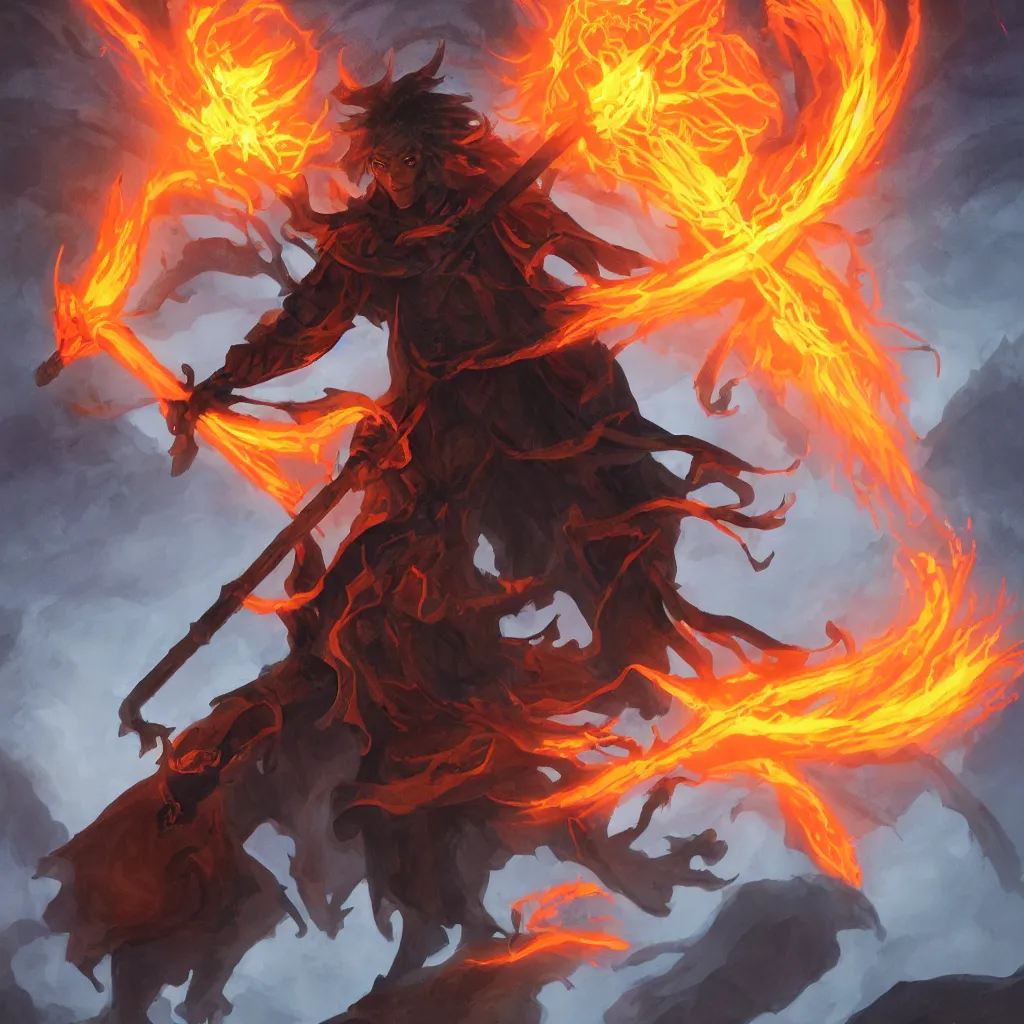 Prompt: dungeons and dragons official art, portrait of a male fire genasi wizard with pitch black skin, bright orange hair, glowing orange eyes, wearing black wizard robes, and holding a wooden staff, smoky barren landscape on the background, official print, character art