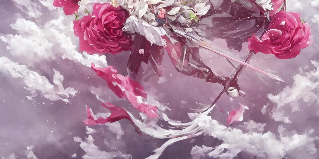 Image similar to floating flying longswords slicing through a bouquet of white and pink roses, flowers exploding and spraying, big puffy clouds, sharp rain, large rose petals, lotus petals, large polygonal background elements, large polygons, dramatic anime, dramatic lighting, artgerm, manga, trending on artstation, art nouveau, mature colors