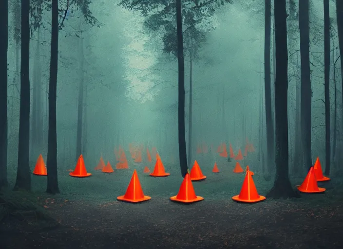 Prompt: a few orange safety cones in a beautiful strange forest, cinematic painting by james jean, atomspheric lighting, moody lighting, dappled light, detailed, digital art, limited color palette, wes anderson, 2 4 mm lens, surreal
