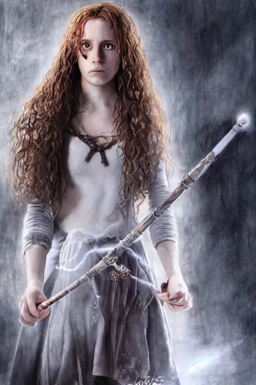 Image similar to dressed Hermione Granger in tattoos with a magic wand, by luis royo, beautiful eyes, top cinematic lighting, cinematic mood, hyperrealism, high detail