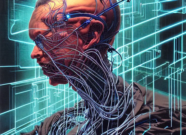 Prompt: full body concept art portrait of the cyberpunk man coding, a lot of cables around by ayami kojima, by francis bacon, by amano, by karol bak, greg hildebrandt, by mark brooks, by alex grey, by zdzisław beksinski, by takato yamamoto, vintage style, wrapped thermal background, high resolution, ultra detailed