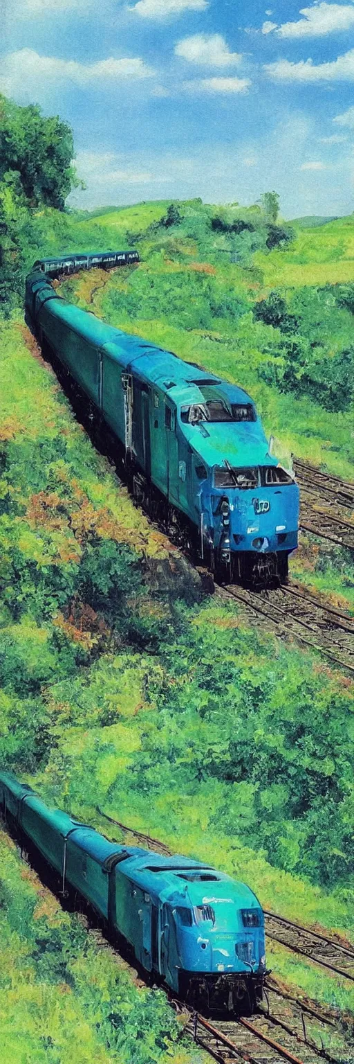 Image similar to blue and green train in the country, vintege poster,