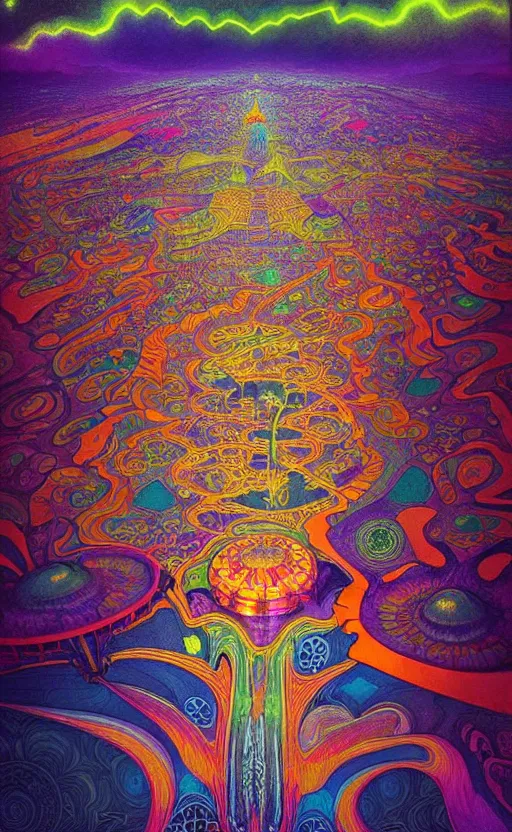 Image similar to An extremely psychedelic aerial view of black rock city at night, colorful, surreal, dramatic lighting, magic mushrooms, psilocybin, LSD, face, detailed, intricate, elegant, highly detailed, digital painting, artstation, concept art, smooth, sharp focus, illustration, art by Krenz Cushart and Artem Demura and alphonse mucha