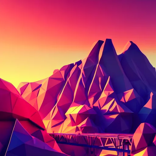 Prompt: super detailed color lowpoly art, big graphic seiner ship on sunset view with mountains, unreal engine, high contrast color palette, 3 d render, lowpoly, colorful, digital art, perspective, full volume composition, syd mead