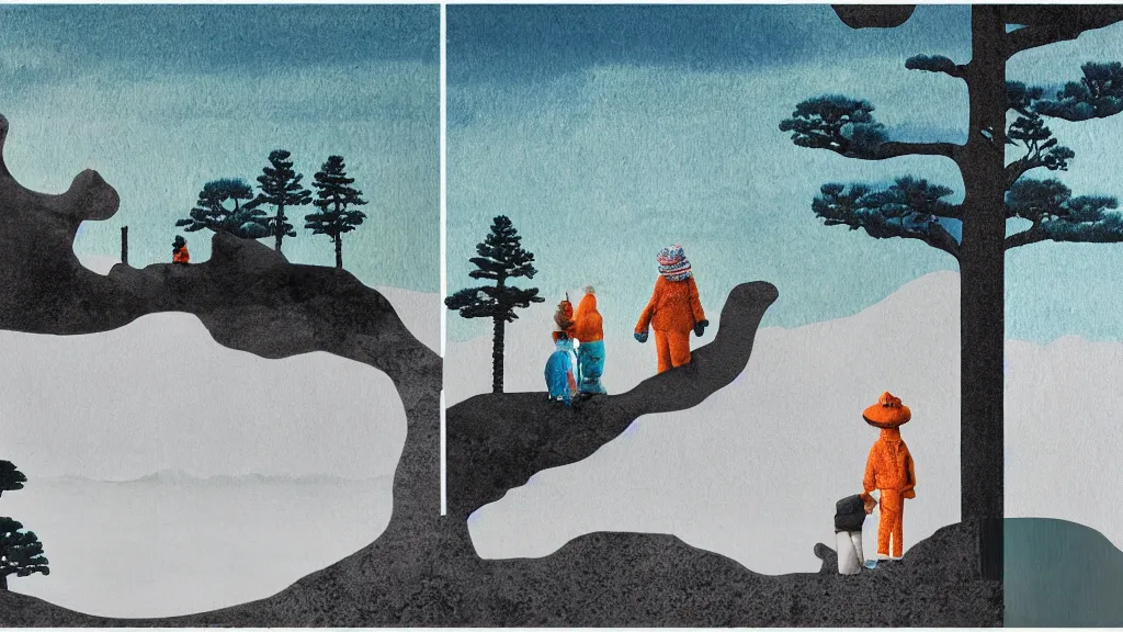 Image similar to a mama and baby bear at a seaside landscape with sequoia trees, japan, a collage painting, in the style of wes anderson, lola dupre, david hockney, isolated on negative white space background dark monochrome neon spraypaint accents volumetric octane render