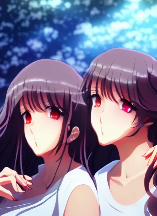 Prompt: two beautiful mothers out on a humid summer day, gorgeous faces, thick lines, cinematic lighting, detailed anime art