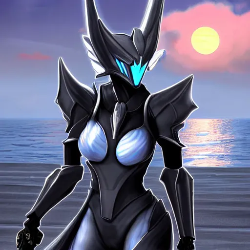 Prompt: bust shot of a cute stunning robot anthropomorphic female dragon, with sleek silver armor, a black OLED visor over the eyes, making a cute pose, on the beach at sunset, highly detailed digital art, furry art, anthro art, sci fi, warframe art, destiny art, high quality, 3D realistic, Furaffinity, Deviantart