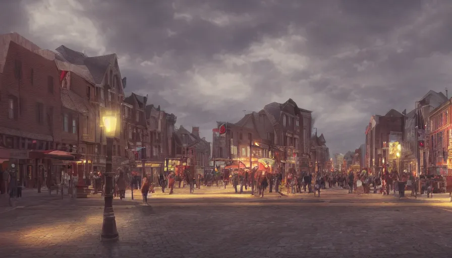 Image similar to midwest town with crowded square, cloudy day, volumetric light, small town, hyperdetailed, artstation, cgsociety, 8 k