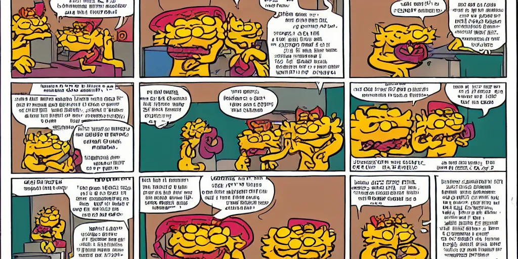 Prompt: three panel garfield comic strip about taco bell.