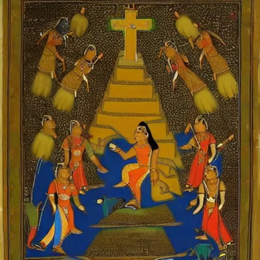 Image similar to woman warrior ascends to godhood. warriors watch in astonishment, holy mughal art painting by govardhan