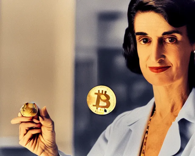 Prompt: ayn rand holding a golden bitcoin, commercial photo by david hamilton for vogue