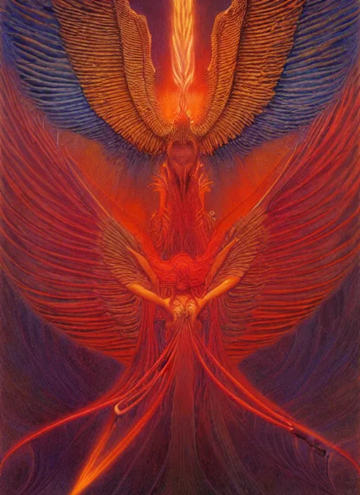 Prompt: a hybrid exquisite complex a red fire phoenix with wings extended, wisdom, good and evil, magical, epic, by in the style of jean delville, james gurney, moebius, roger dean, wlop, victo ngai, sharp focus