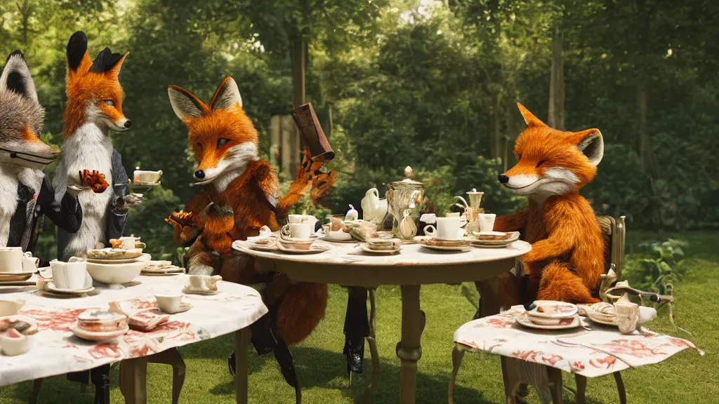 Image similar to film still from the movie chappie outdoor park plants garden scene bokeh depth of field several figures sitting down at a table having a delicious grand victorian tea party crumpets furry anthro anthropomorphic stylized fox wearing suit