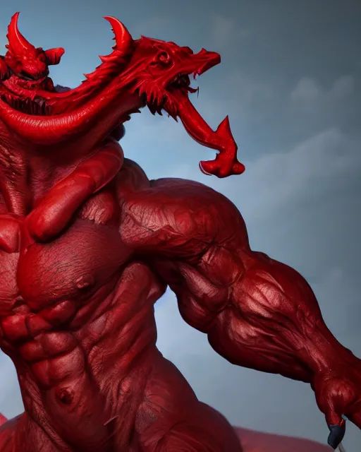 Prompt: drak red color dragon man, muscle and bara, fantasy character design, octane render, 8 k