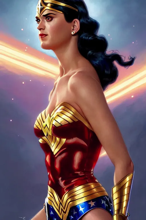 Prompt: katy perry as wonder woman, realistic portrait, symmetrical, highly detailed, digital painting, artstation, concept art, smooth, sharp focus, illustration, cinematic lighting, art by artgerm and greg rutkowski and alphonse mucha