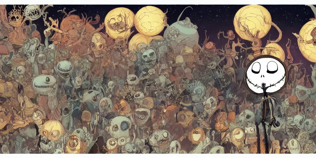 Image similar to a study of cell shaded cartoon of a scene from tim burtons nightmare before christmas, illustration, wide shot, muted colors, concept art by josan gonzales and wlop, by james jean, victo ngai, david rubin, mike mignola, laurie greasley, highly detailed, sharp focus, trending on artstation, hq, deviantart, art by artgem