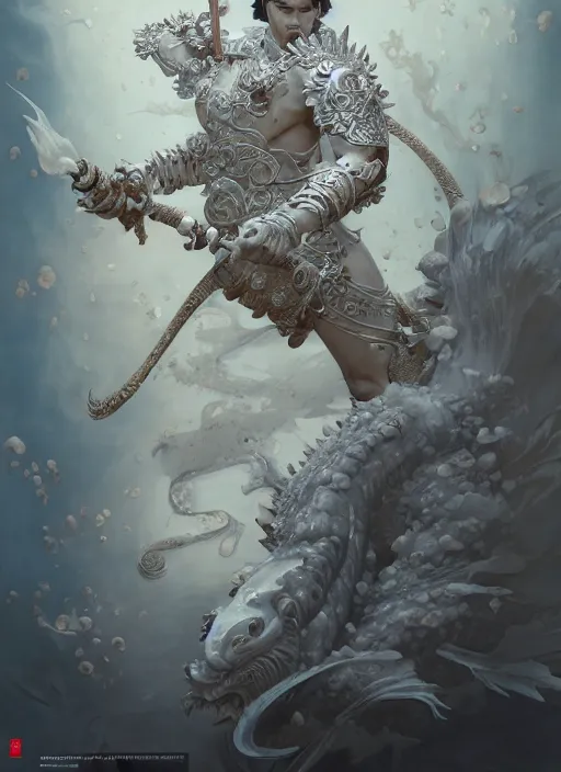 Prompt: subsurface scattering, white, koi, samurai deity with filigree ivory armor, octane render, by jesper ejsing, james jean, justin gerard, tomasz alen kopera, cgsociety and fenghua zhong, highly detailed, rim light, cinematic lighting, art, very coherent, cinematic, hyper realism, high detail, 8 k