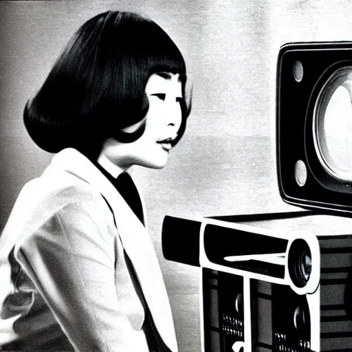 Prompt: japanese 70s black and White TV show, Photorealistic, tentacles coming out of a vintage TV set