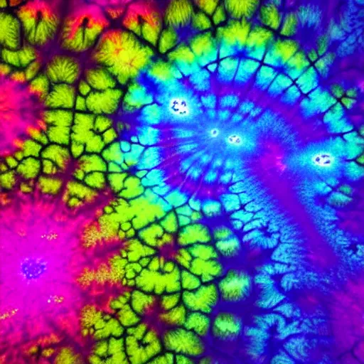 Image similar to a hyperrealistic 3D render of tie dyed Mandelbrot fractals, 8k, 4K, glowing, dramatic lighting, volumetric lighting, octane render,