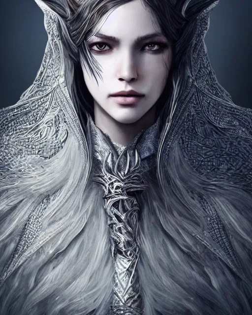 Image similar to highly detailed sharp photorealistic portrait of a beautiful female hunter with shimmering hair, symmetrical face and eyes, dressed in intricate silver, cgsociety, Elden Ring, Dark Souls, Bloodborne