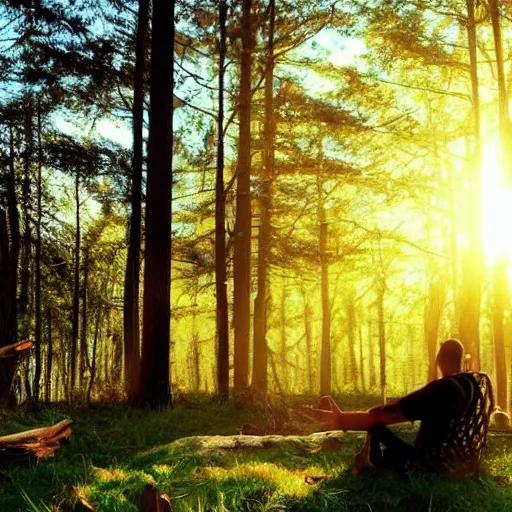 Image similar to sitting around the fire, forest, sea, highly detailed, cinematic, ray of golden sunlight