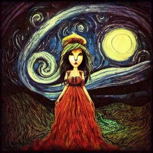 Image similar to decorative by alexander jansson, by keith mallett. a beautiful performance art of a woman with long flowing hair, wild animals, & a dark, starry night sky.