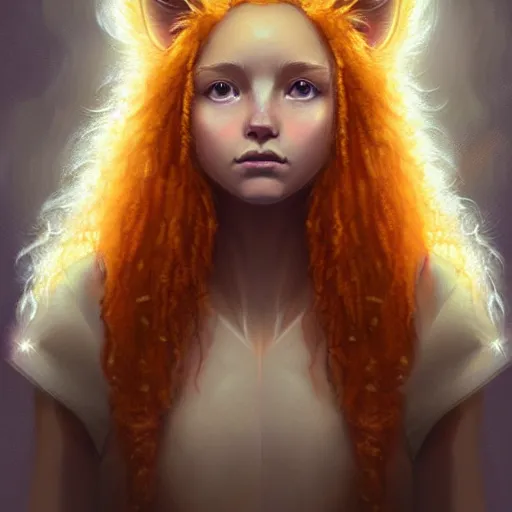 Image similar to Portrait of a girl angel with pale orange colored frizzy strands of illuminated hair, cat ears on her head, glowing halo, Lion's Mane, Lion's Gate, 8/8, fantasy, intricate, elegant, highly detailed, digital painting, artstation, concept art, smooth, sharp focus, illustration, art by Krenz Cushart and Artem Demura and alphonse mucha