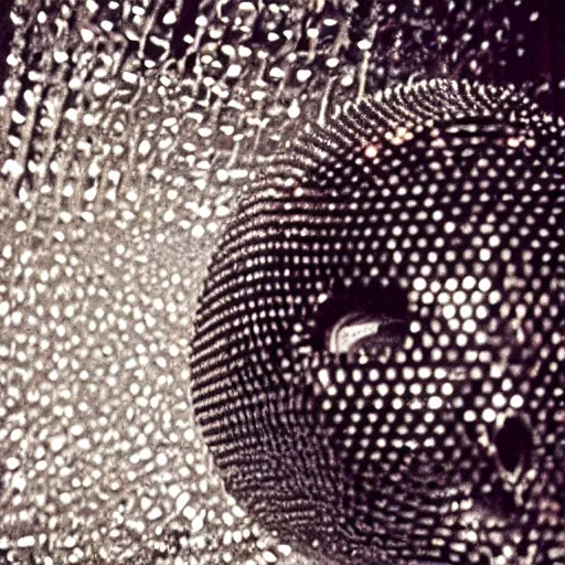 Image similar to a disco ball shaped like a skull full of long spikes, reflecting light in a nightclub, grainy film photograph