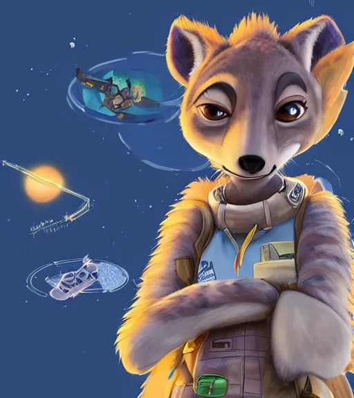 Image similar to digital detailed full body of anthromorphic female hyena, in style of zootopia, zootopia, zootopia, fursona, furry, furaffinity, 4 k, deviantart, wearing astronaut outfit, in style of zootopia, floating in space, space background, in deep space, dark background, hyena fursona, cyberpunk, female, stylized face,