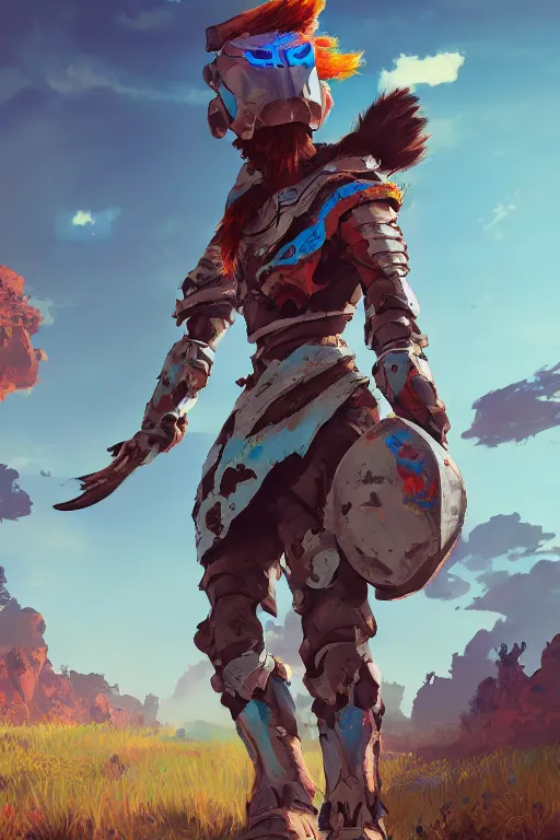 Image similar to combination suit armor aloy horizon forbidden west horizon zero dawn radiating a glowing aura global illumination ray tracing hdr fanart arstation by ian pesty and alena aenami artworks in 4 k tribal robot ninja mask helmet backpack