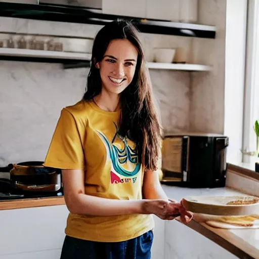 Prompt: a candid photo of a brunette female, young, athletic, australian, pixellated face, wearing a gold tshirt in a kitchen