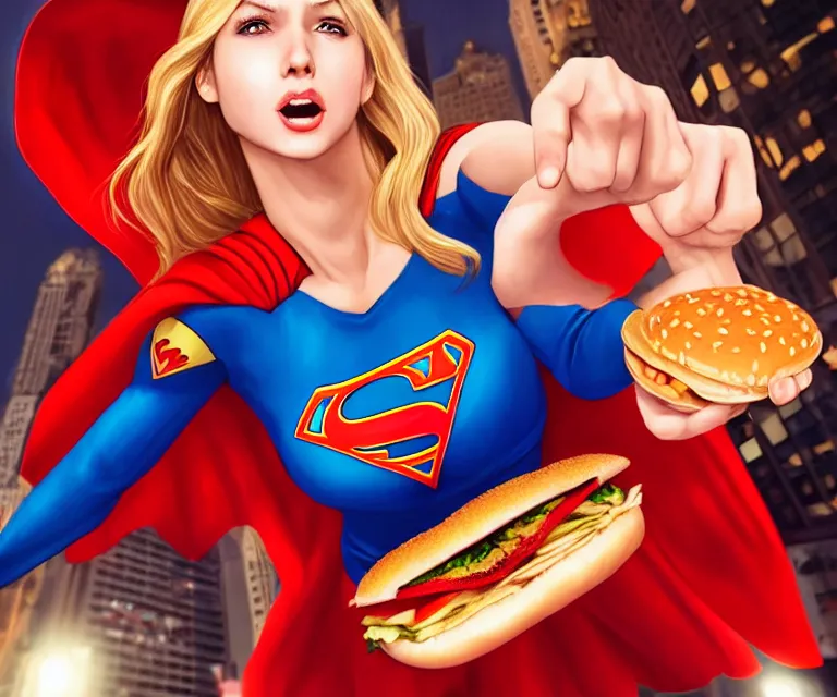 Prompt: supergirl eating hamburger by artgerm, intricate, face, symmetrical eyes, times square cityscape, elegant, beautiful, highly detailed, dramatic lighting, sharp focus, trending on artstation, artstationhd, artstationhq, unreal engine, 4 k, 8 k