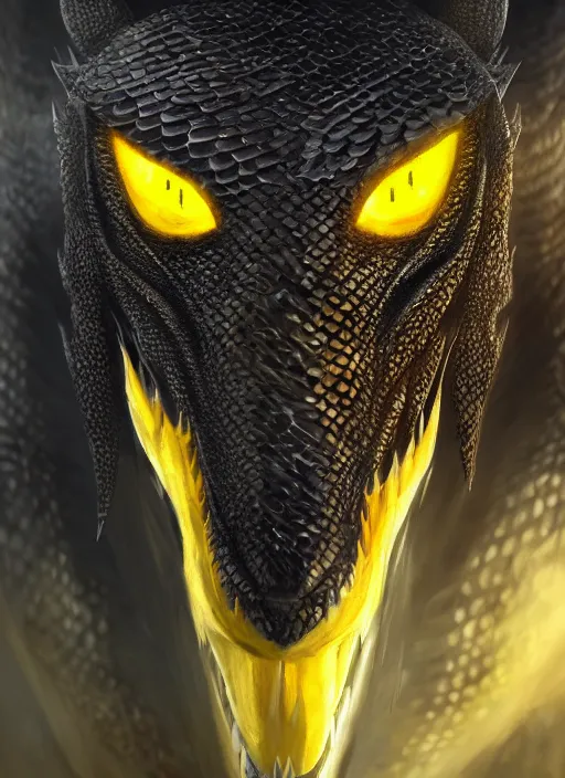 Image similar to closeup portrait of black dragon head with yellow eyes, ultra realistic, fantasy, magic, dnd,