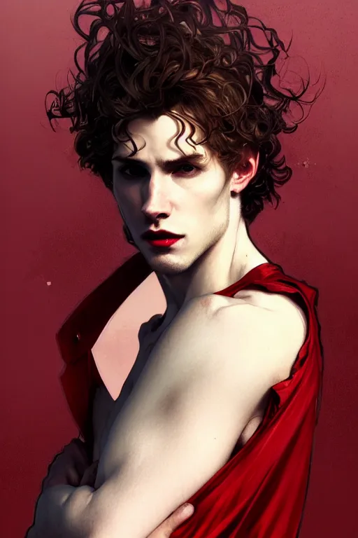 Image similar to portrait of a beautiful young fit male vampire with curly blond hairs and pale skin, dressed with urban clothes, by greg rutkowski and alphonse mucha, d & d character, gradient white to red, modern nocturnal background, highly detailed portrait, digital painting, artstation, concept art, smooth, sharp focus ilustration, artstation hq