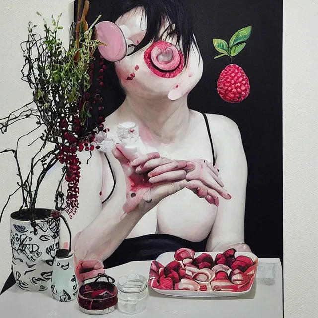 Image similar to “ a portrait in a female art student ’ s apartment, sensual, a pig theme, art supplies, surgical iv bag, octopus, ikebana, herbs, a candle dripping white wax, japanese pottery, squashed berries, berry juice drips, acrylic and spray paint and oilstick on canvas, surrealism, neoexpressionism ”