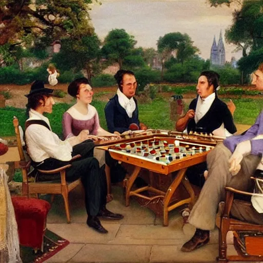 Image similar to A beautiful photograph of a group of monkeys playing backgammon. The monkeys are seated around a table, with some of them appearing to be deep in concentration while others appear to be playing more casually. Pride Prejudice, overhead view by Paul Gustave Fischer graceful