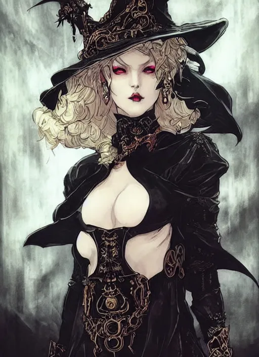 Image similar to beautiful human witch with blonde short curtly hair in intricate ornate witch robe, haughty evil look, witch hat. in style of yoji shinkawa and hyung - tae kim, trending on artstation, dark fantasy, great composition, concept art, highly detailed, dynamic pose.