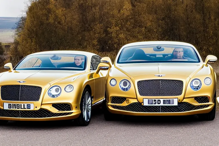 Image similar to Bentley Continental GT in shiny gold film drives along old Russian village road with houses houses around the edges