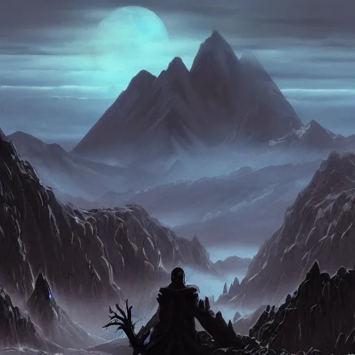 Prompt: place that is like nowhere but has mountains in the background with a doom infernal aesthetic, but also clean, with black tones, similar to a dream, with a lord of demons judging some lost souls with his skeleton pointing finger