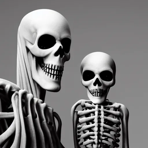 Image similar to portrait of grim reaper skeleton with his son, 8k, highly detailed, photography